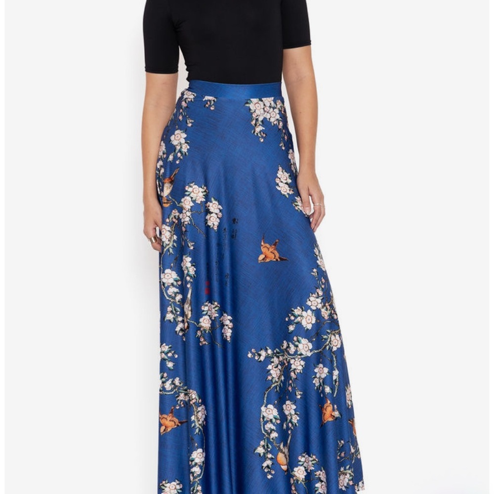 Bullfinch and weeping cherry blossoms maxi skirt